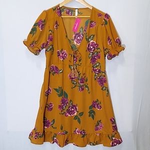 Short Sleeve V-Neck Tie Front Mustard Floral Dress